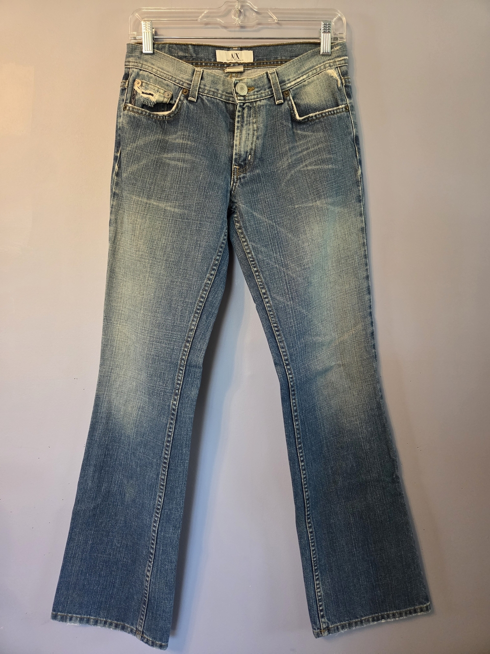 Vintage Armani Exchange Y2K Low Rise Flared Jeans Med Wash Distressed Size 4 EUC